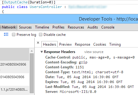 OutputCache Duration=0 Response Headers: max-age=0, s-maxage=0