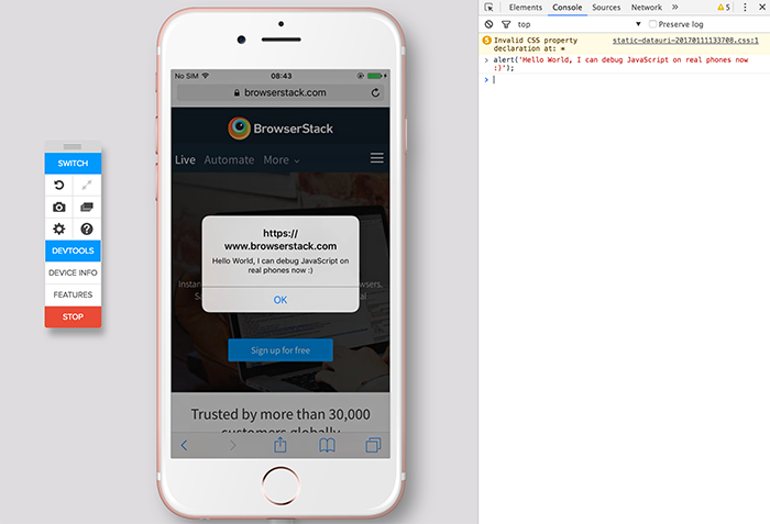execute JavaScript in real phones using devtools
