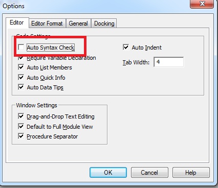 MS VBA editor's Tools Options dialog box