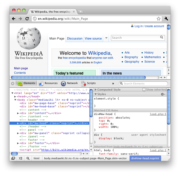 the element selector is 'div#mw-head.noprint'