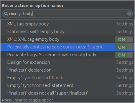 IntelliJ enable empty-body warning