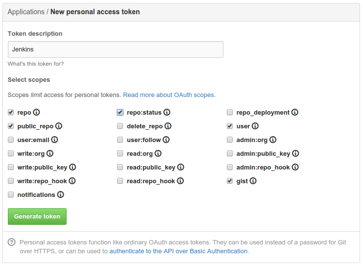 screenshot of GitHub token generation