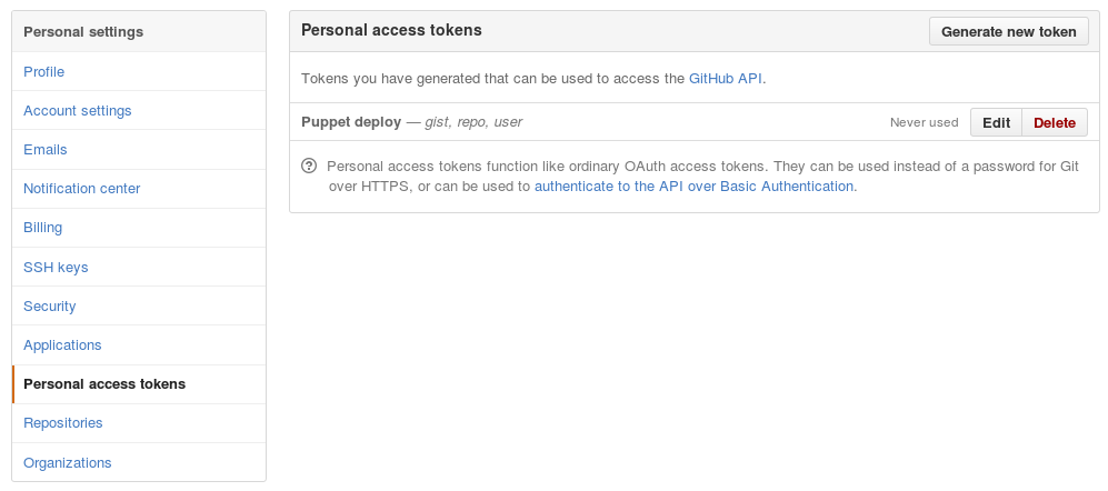 screenshot of GitHub settings