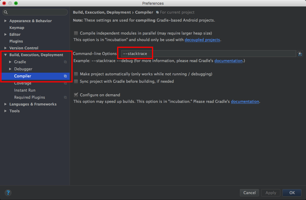Compiler settings to add --stacktrace command