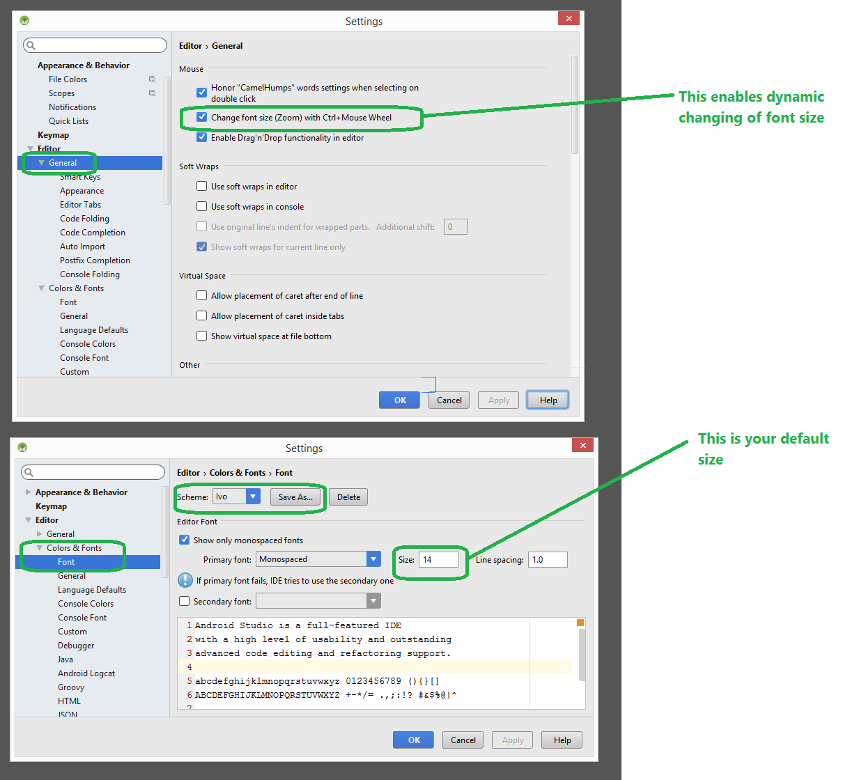 Font size in Android Studio --- on Windows