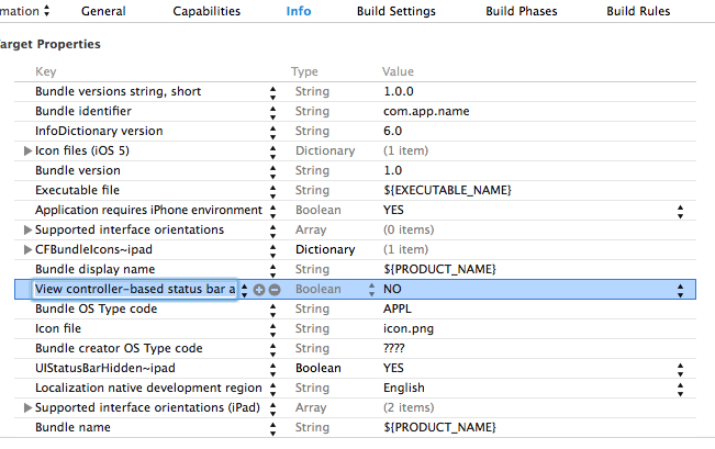 An example adding View Base Controller to your Info settings in Xcode