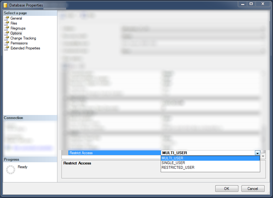 screenshot of options page of sql server