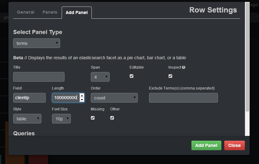Adding a terms panel to Kibana