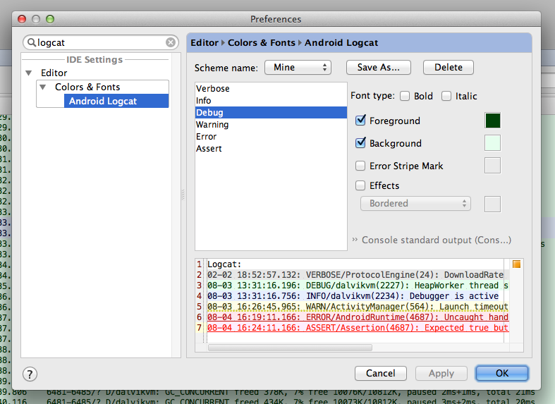 Android logcat color editor