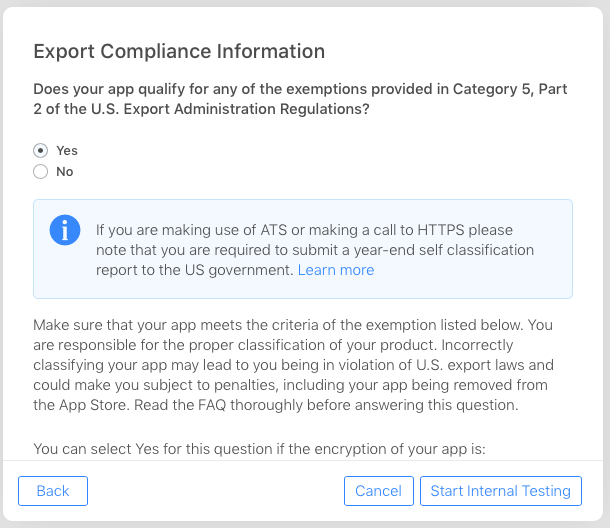 iTunes Connect Export Compliance Information Q2