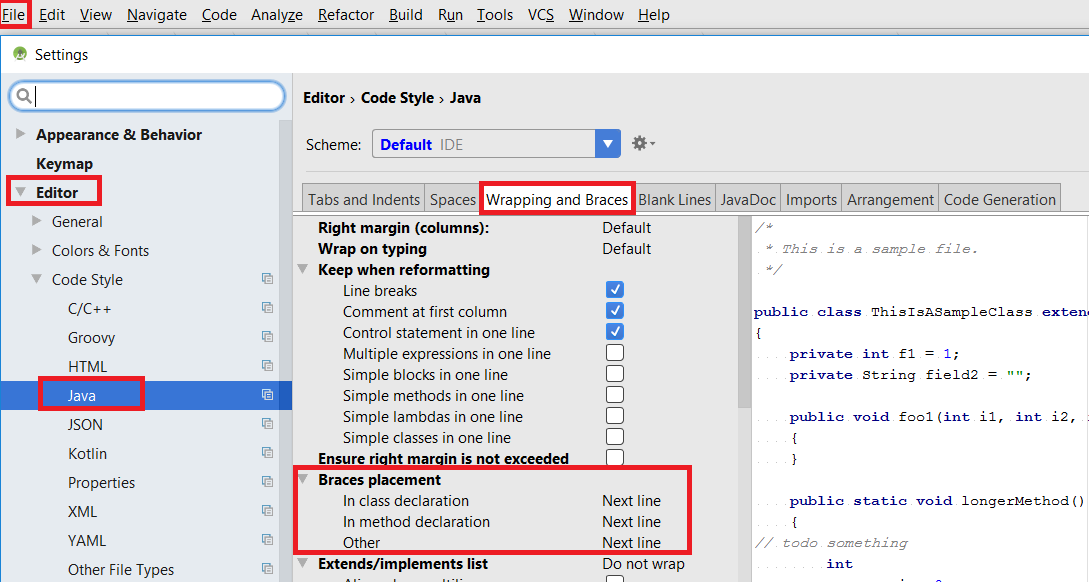 change braces placement in Android Studio 3