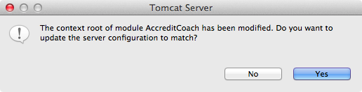 Screenshot of dialog asking to update server configuration to match the changed context root
