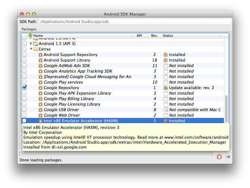 Intel x86 Emulator Accelerator (HAXM) showing Location