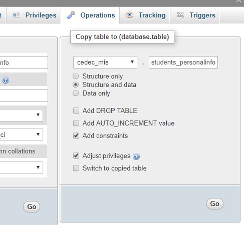 copy table - phyMyAdmin Screenshot