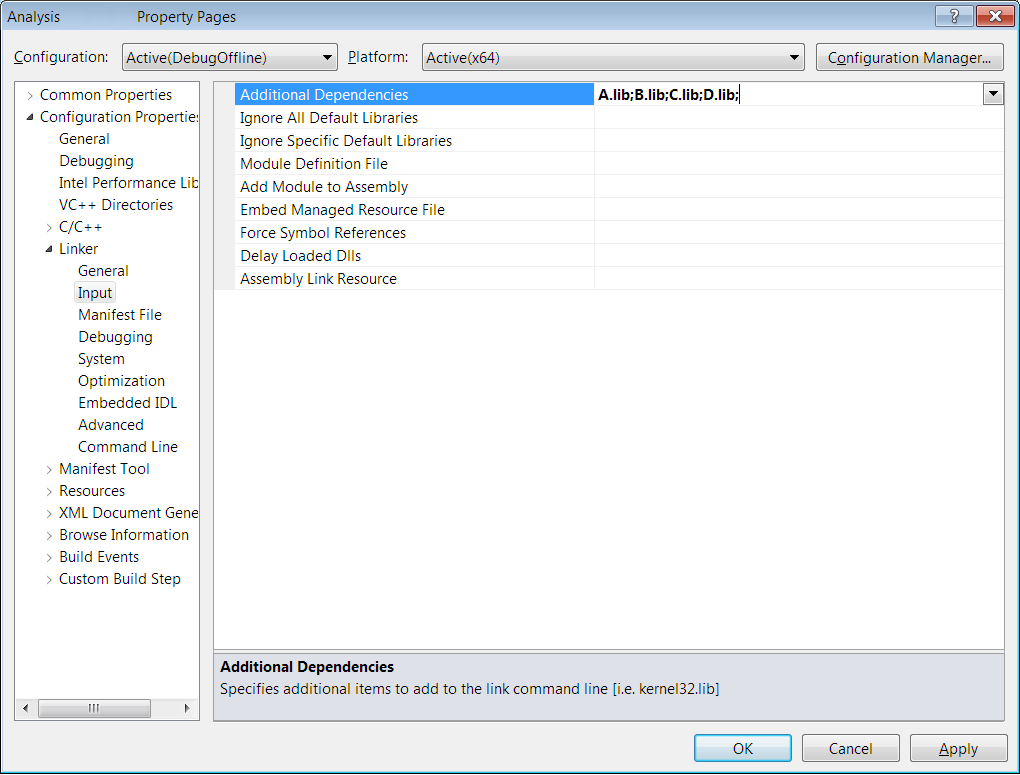 Linker->Input->Additional Dependencies