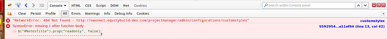 Firebug highlighting the error