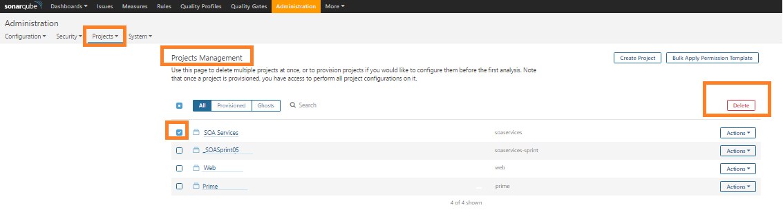 Fig - Deleteing a Project From SonarQube