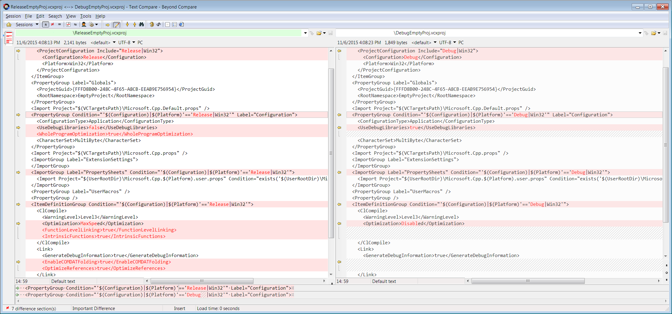 Empty VCXPROJs Debug vs Release diff