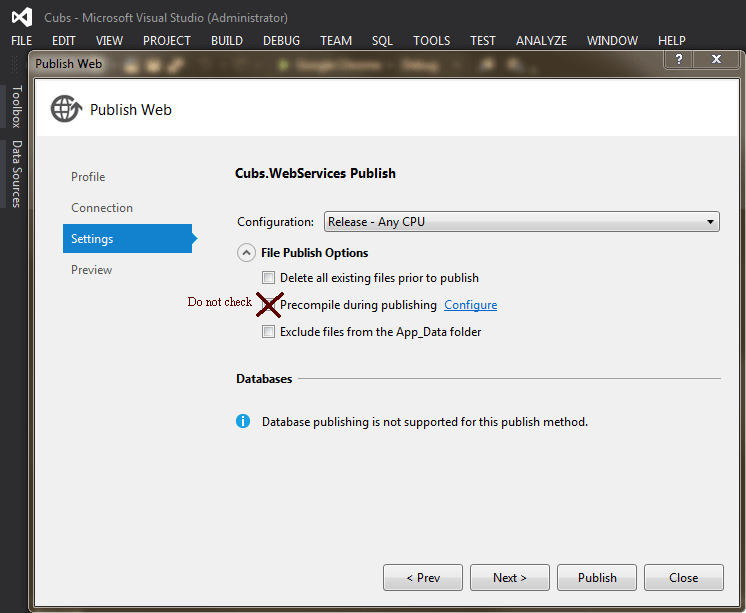 Un-check "Precompile during publishing"