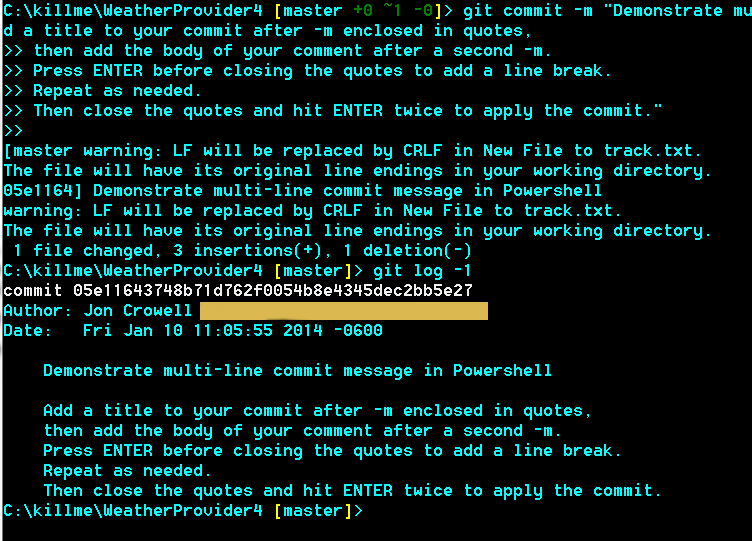 Multi-line Git commit message in PowerShell