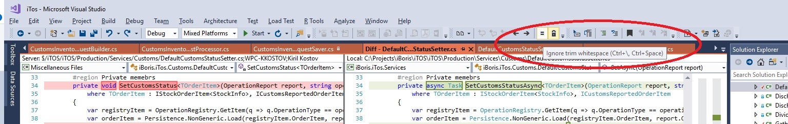 Screenshot ofVisual Studio 2017 toolbar. The button with the equal sign is on the right, next to the lock icon. The tooltip for the button states "Ignore trim whitespace Ctrl+\, Ctrl+Space".