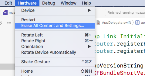 Xcode -> Hardware -> Erase All Content and Settings