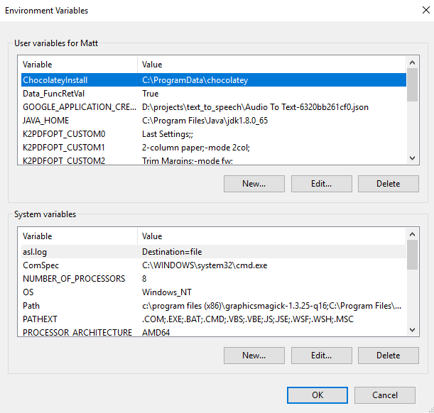 Environment Variable Dialog Box